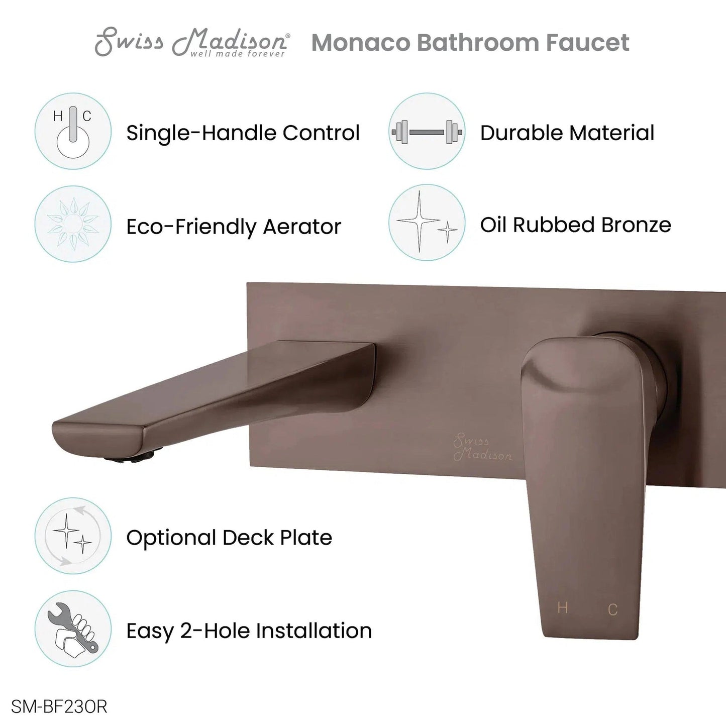 Swiss Madison Monaco 8" Oil Rubbed Bronze Two Hole Wall-Mounted Bathroom Faucet With Single Lever Handle and 1.2 GPM Flow Rate