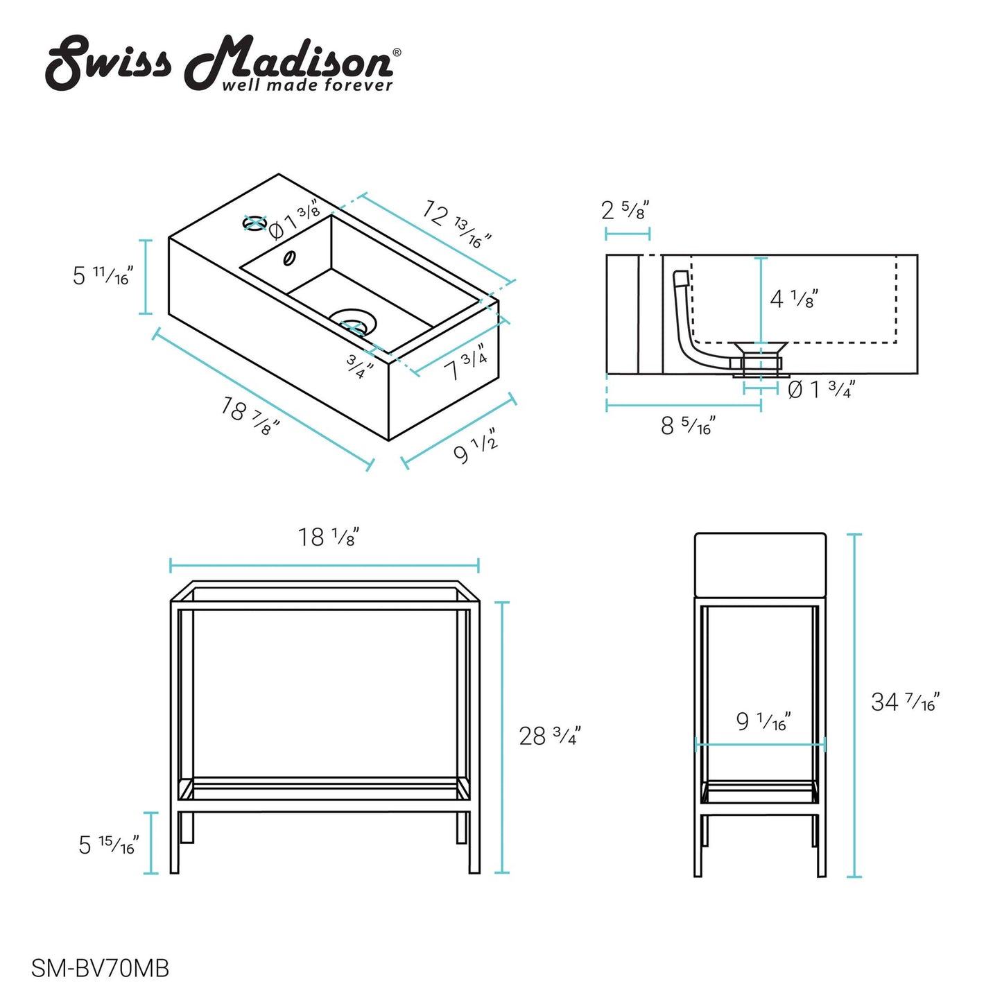 Swiss Madison Pierre 20" x 34" Freestanding White Bathroom Vanity With Ceramic Single Sink and Matte Black Metal Frame