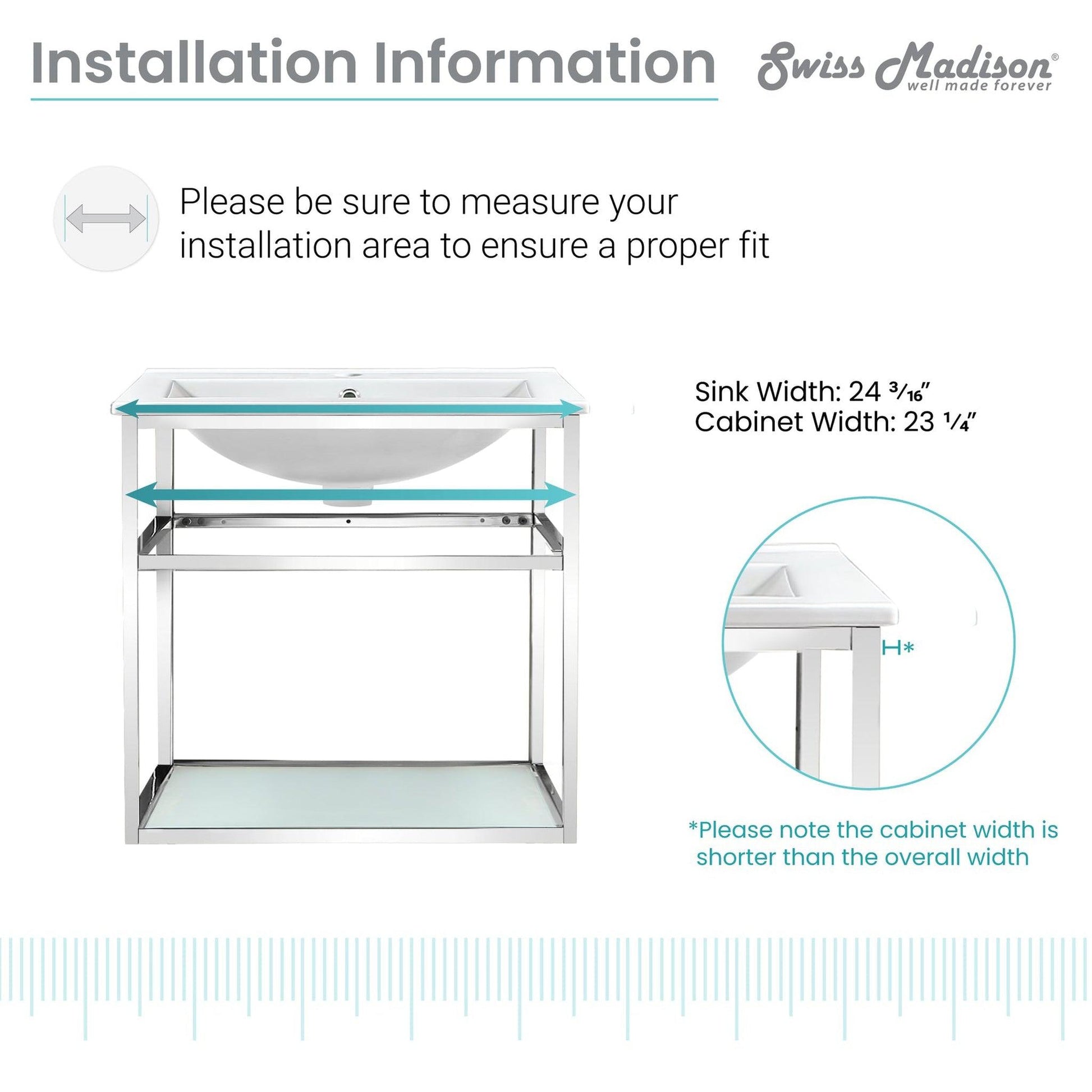 Swiss Madison Pierre 24" x 24" Wall-Mounted White Bathroom Vanity With Ceramic Single Sink and Chrome Metal Frame