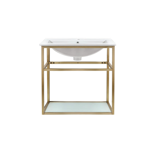 Swiss Madison Pierre 24" x 24" Wall-Mounted White Bathroom Vanity With Ceramic Single Sink and Gold Metal Frame