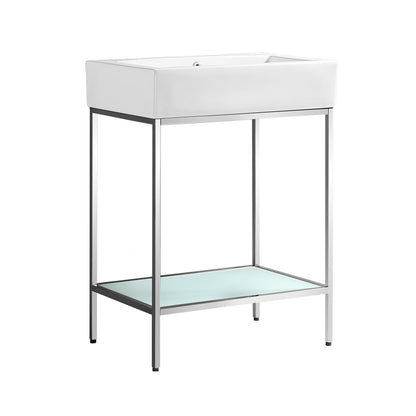 Swiss Madison Pierre 24" x 34" Freestanding White Bathroom Vanity With Ceramic Single Sink and Chrome Metal Frame