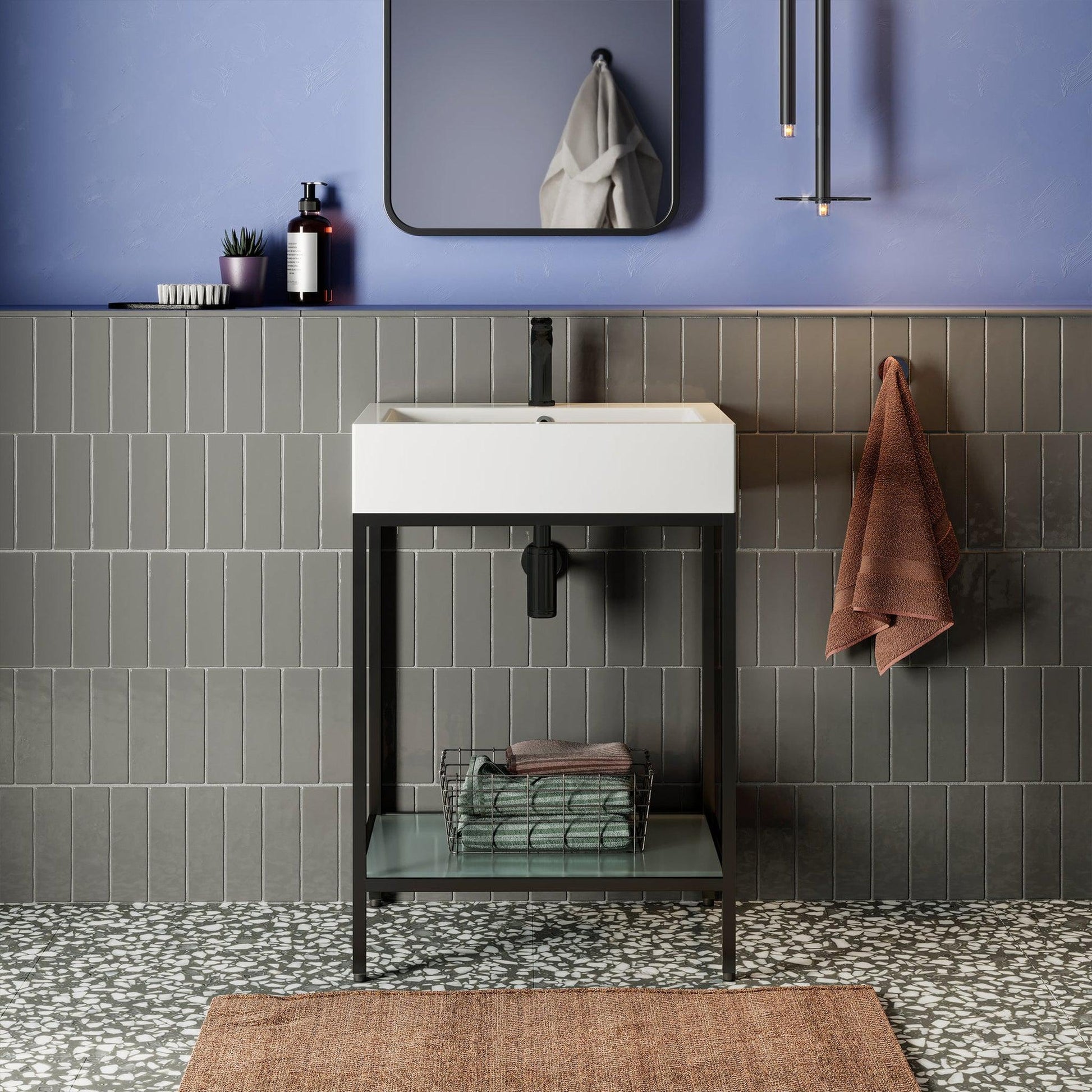 Swiss Madison Pierre 24" x 34" Freestanding White Bathroom Vanity With Ceramic Single Sink and Matte Black Metal Frame