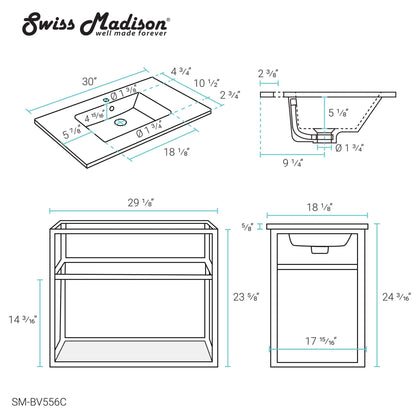 Swiss Madison Pierre 30" x 24" Wall-Mounted White Bathroom Vanity With Ceramic Single Sink and Chrome Metal Frame