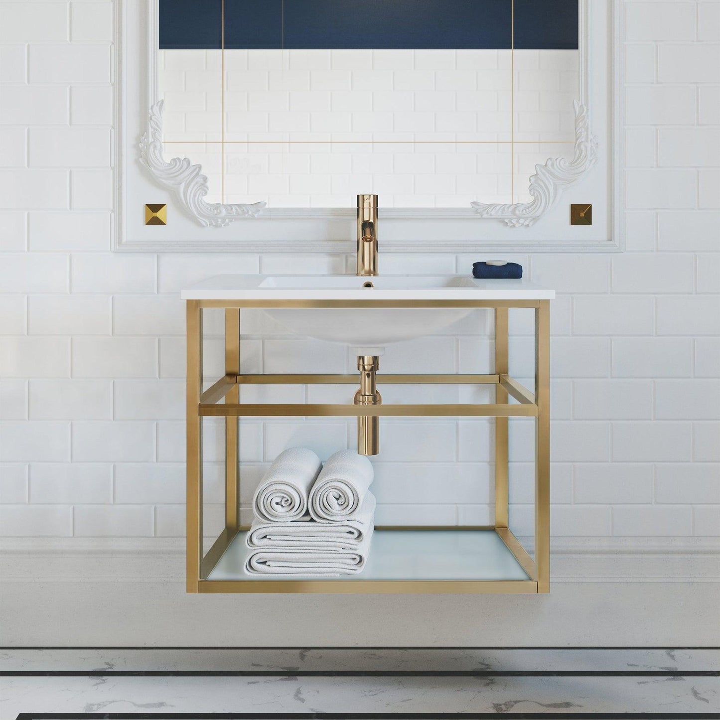 Swiss Madison Pierre 30" x 24" Wall-Mounted White Bathroom Vanity With Ceramic Single Sink and Gold Metal Frame
