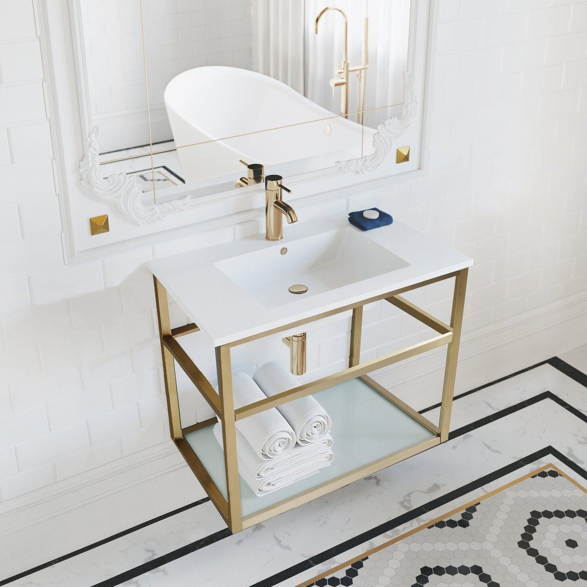 Swiss Madison Pierre 30" x 24" Wall-Mounted White Bathroom Vanity With Ceramic Single Sink and Gold Metal Frame