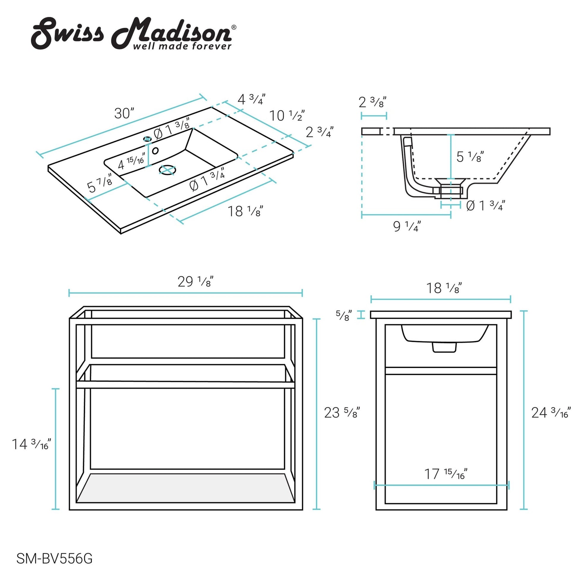 Swiss Madison Pierre 30" x 24" Wall-Mounted White Bathroom Vanity With Ceramic Single Sink and Gold Metal Frame