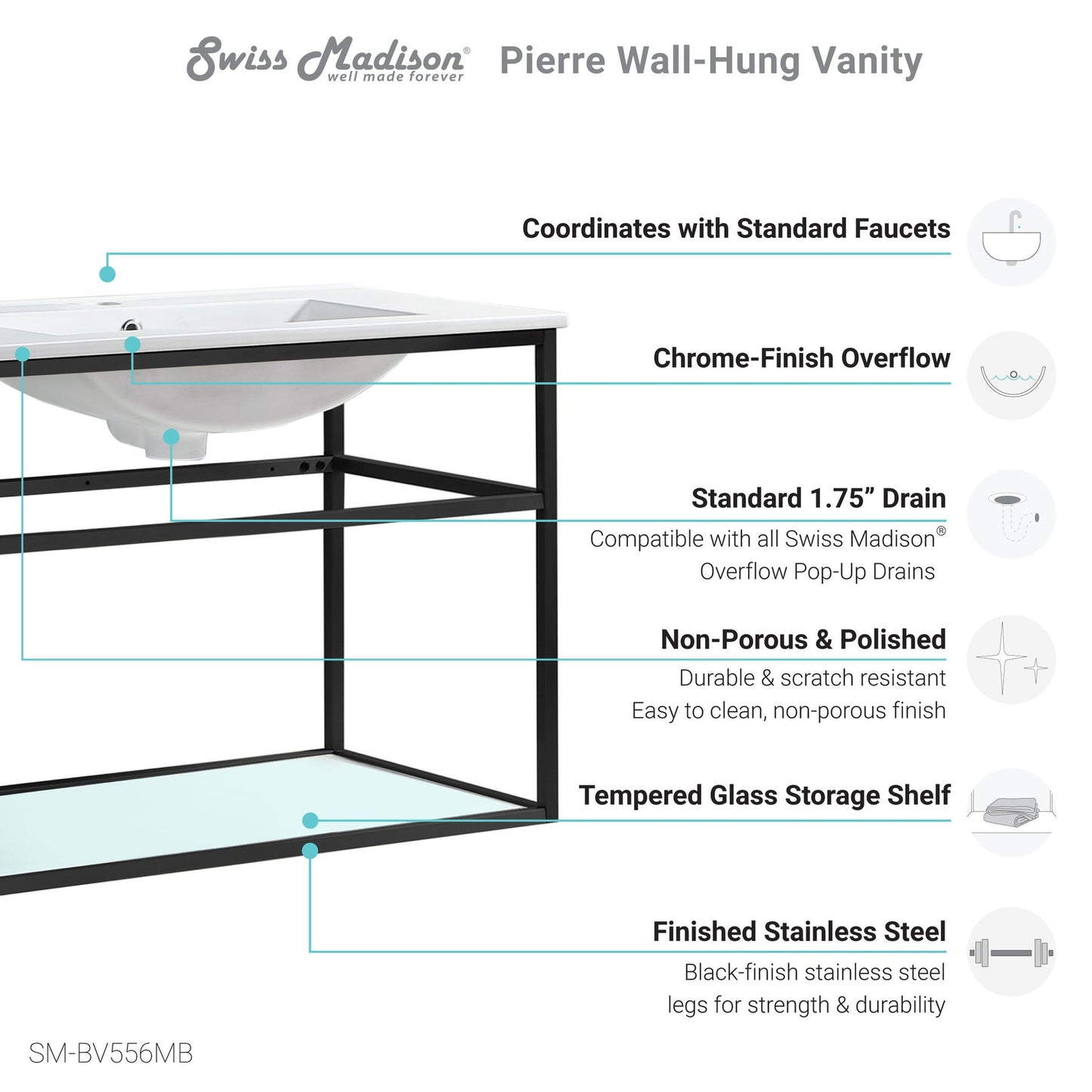 Swiss Madison Pierre 30" x 24" Wall-Mounted White Bathroom Vanity With Ceramic Single Sink and Matte Black Metal Frame