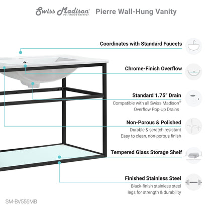 Swiss Madison Pierre 30" x 24" Wall-Mounted White Bathroom Vanity With Ceramic Single Sink and Matte Black Metal Frame