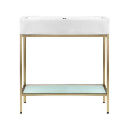 Swiss Madison Pierre 32" x 34" Freestanding White Bathroom Vanity With Ceramic Single Sink and Gold Metal Frame