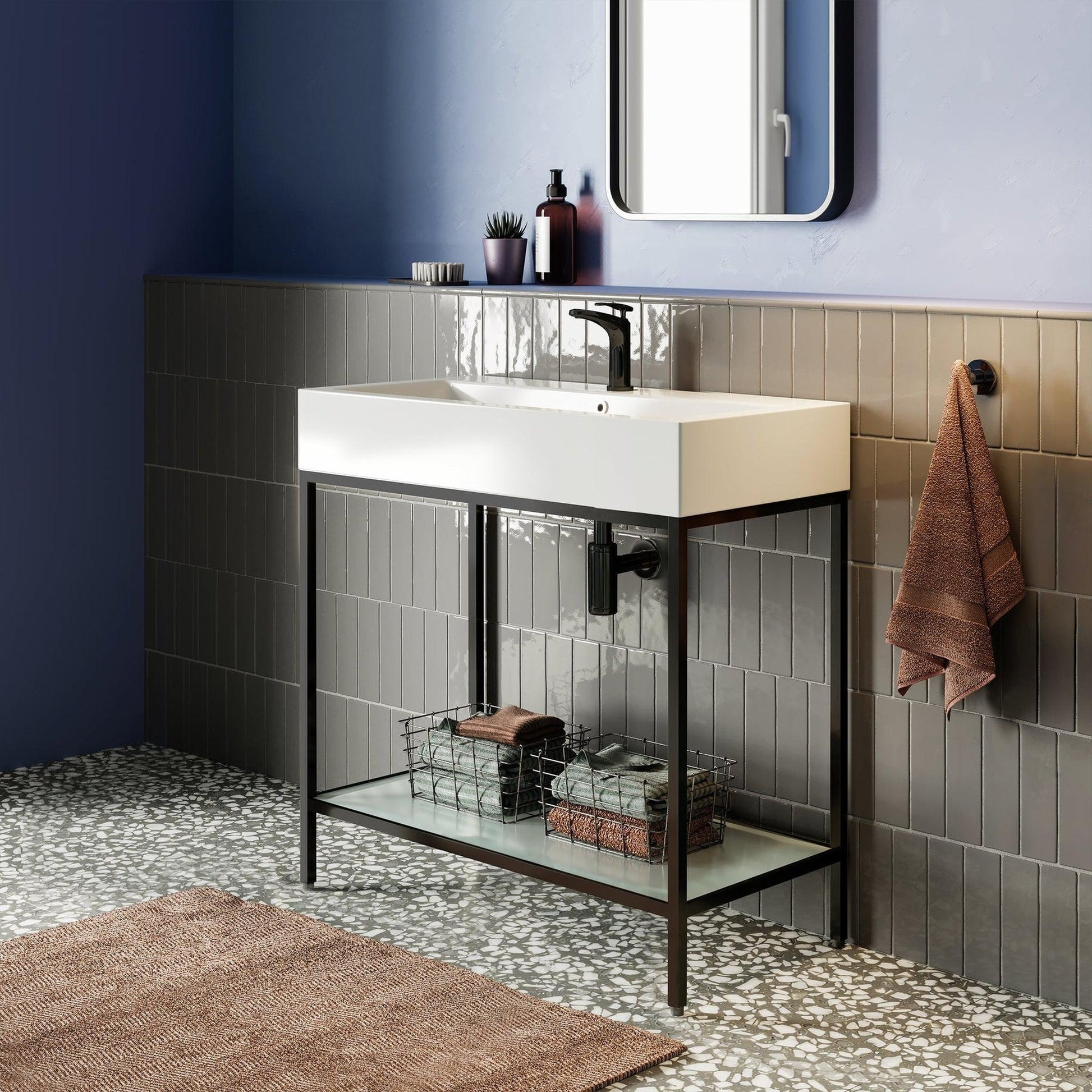 Swiss Madison Pierre 32" x 34" Freestanding White Bathroom Vanity With Ceramic Single Sink and Matte Black Metal Frame