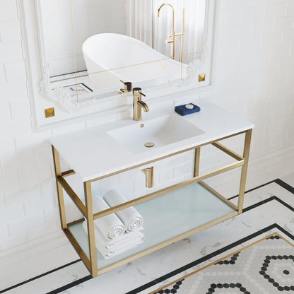 Swiss Madison Pierre 36" x 24" Wall-Mounted White Bathroom Vanity With Ceramic Single Sink and Gold Metal Frame