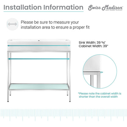 Swiss Madison Pierre 40" x 34" Freestanding White Bathroom Vanity With Ceramic Single Sink and Chrome Metal Frame