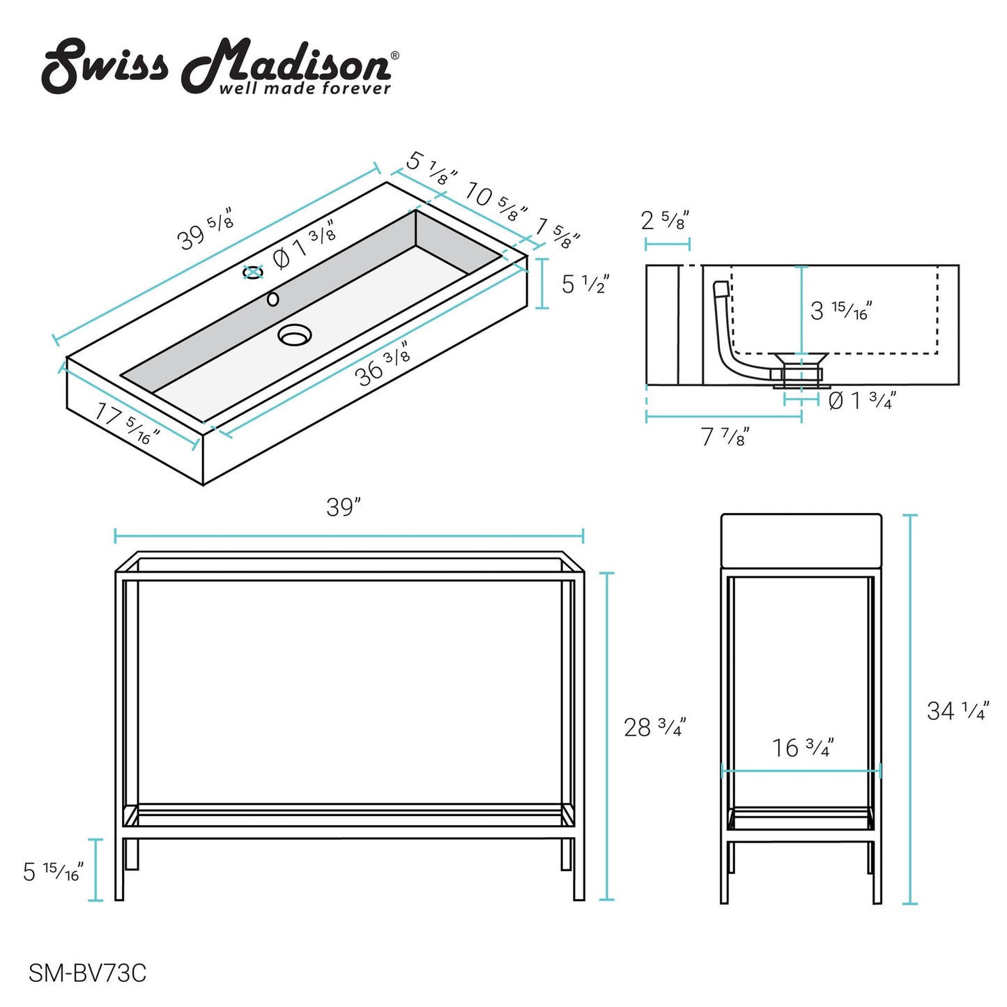 Swiss Madison Pierre 40" x 34" Freestanding White Bathroom Vanity With Ceramic Single Sink and Chrome Metal Frame