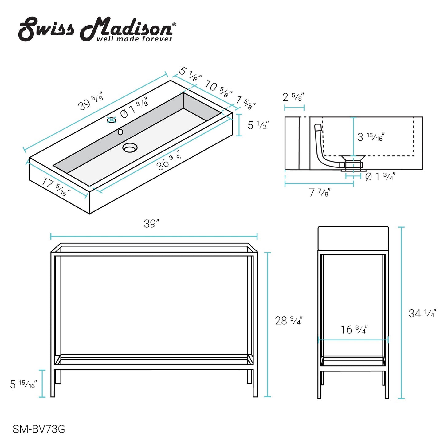 Swiss Madison Pierre 40" x 34" Freestanding White Bathroom Vanity With Ceramic Single Sink and Gold Metal Frame