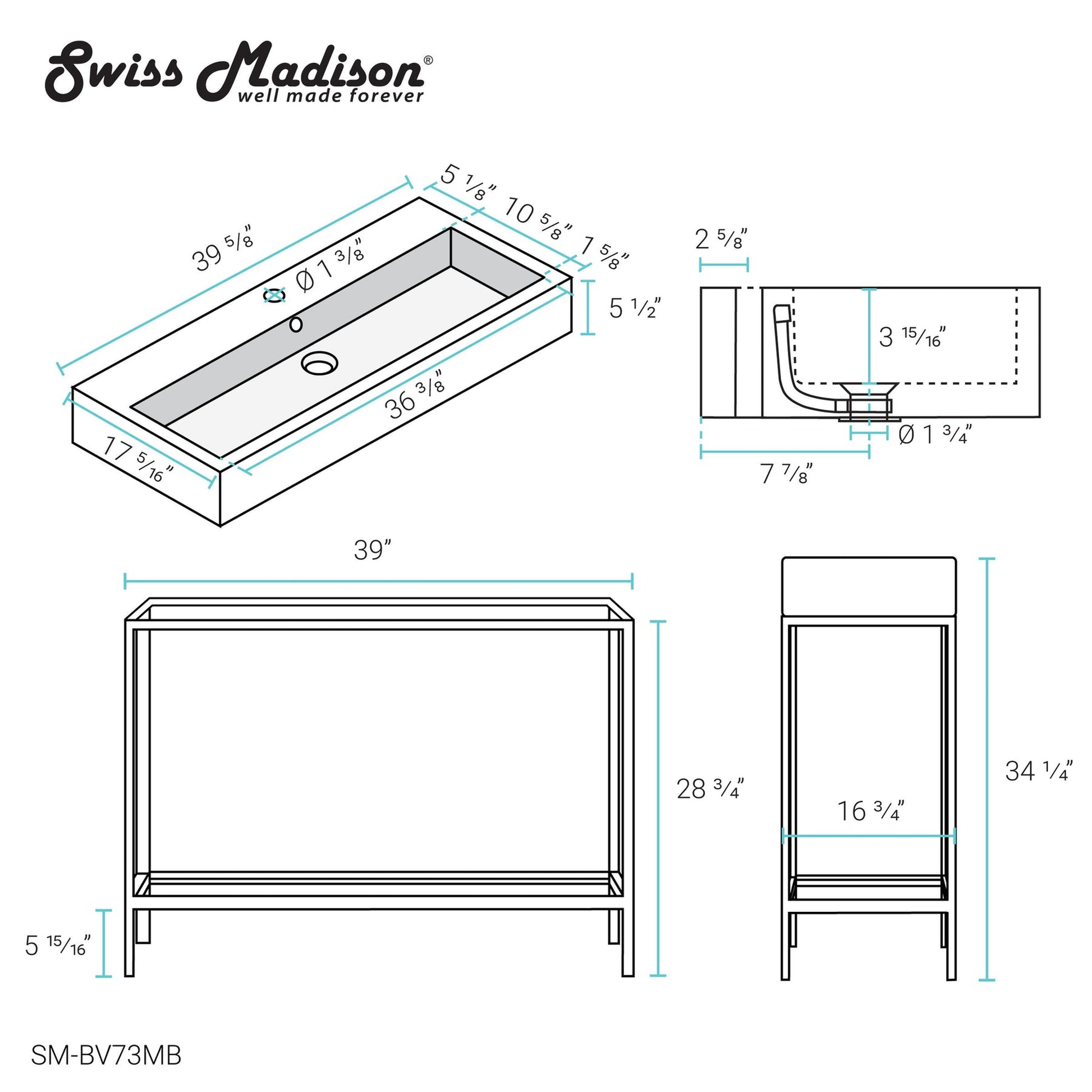 Swiss Madison Pierre 40" x 34" Freestanding White Bathroom Vanity With Ceramic Single Sink and Matte Black Metal Frame