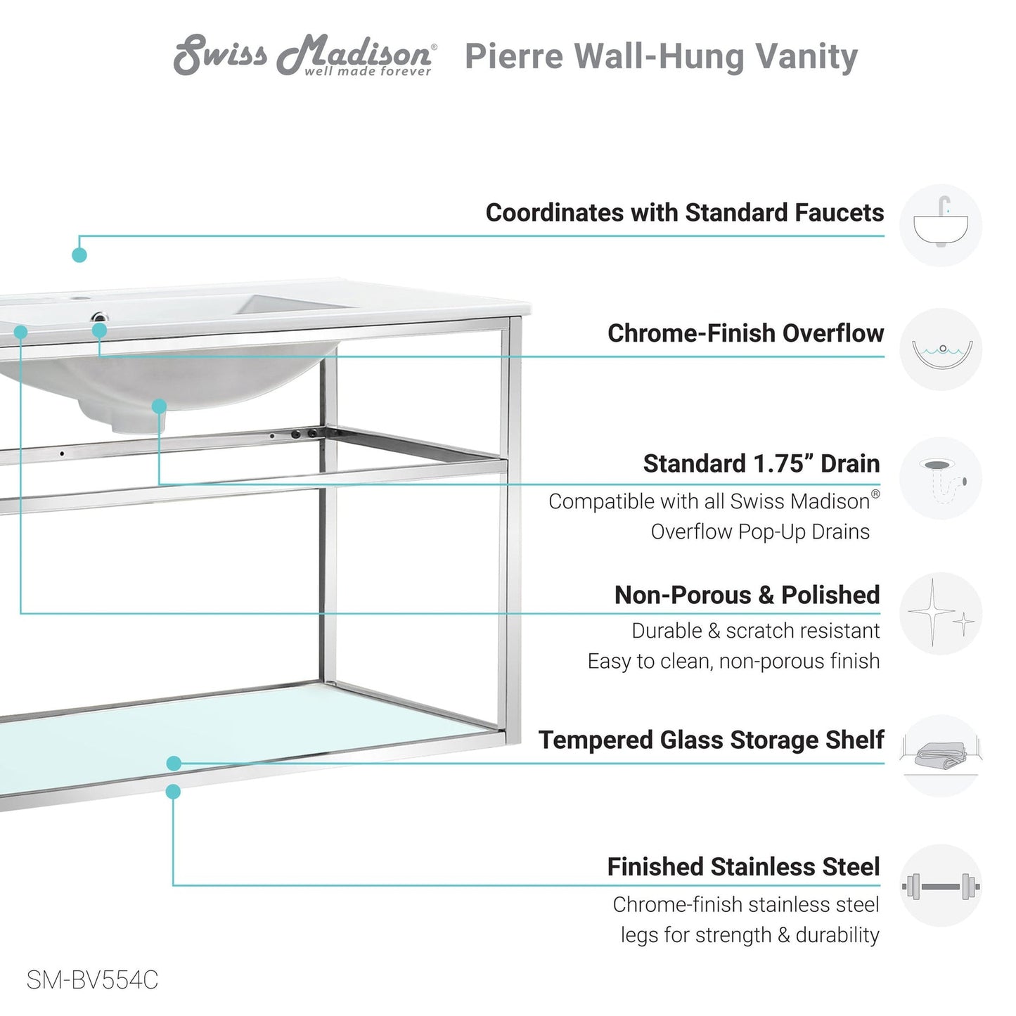 Swiss Madison Pierre 48" x 24" Wall-Mounted White Bathroom Vanity With Ceramic Single Sink and Chrome Metal Frame