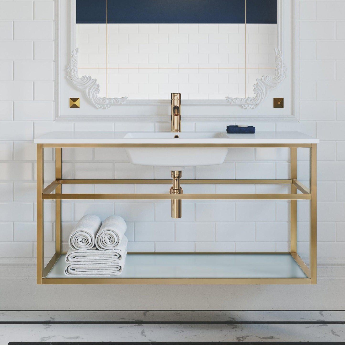 Swiss Madison Pierre 48" x 24" Wall-Mounted White Bathroom Vanity With Ceramic Single Sink and Gold Metal Frame