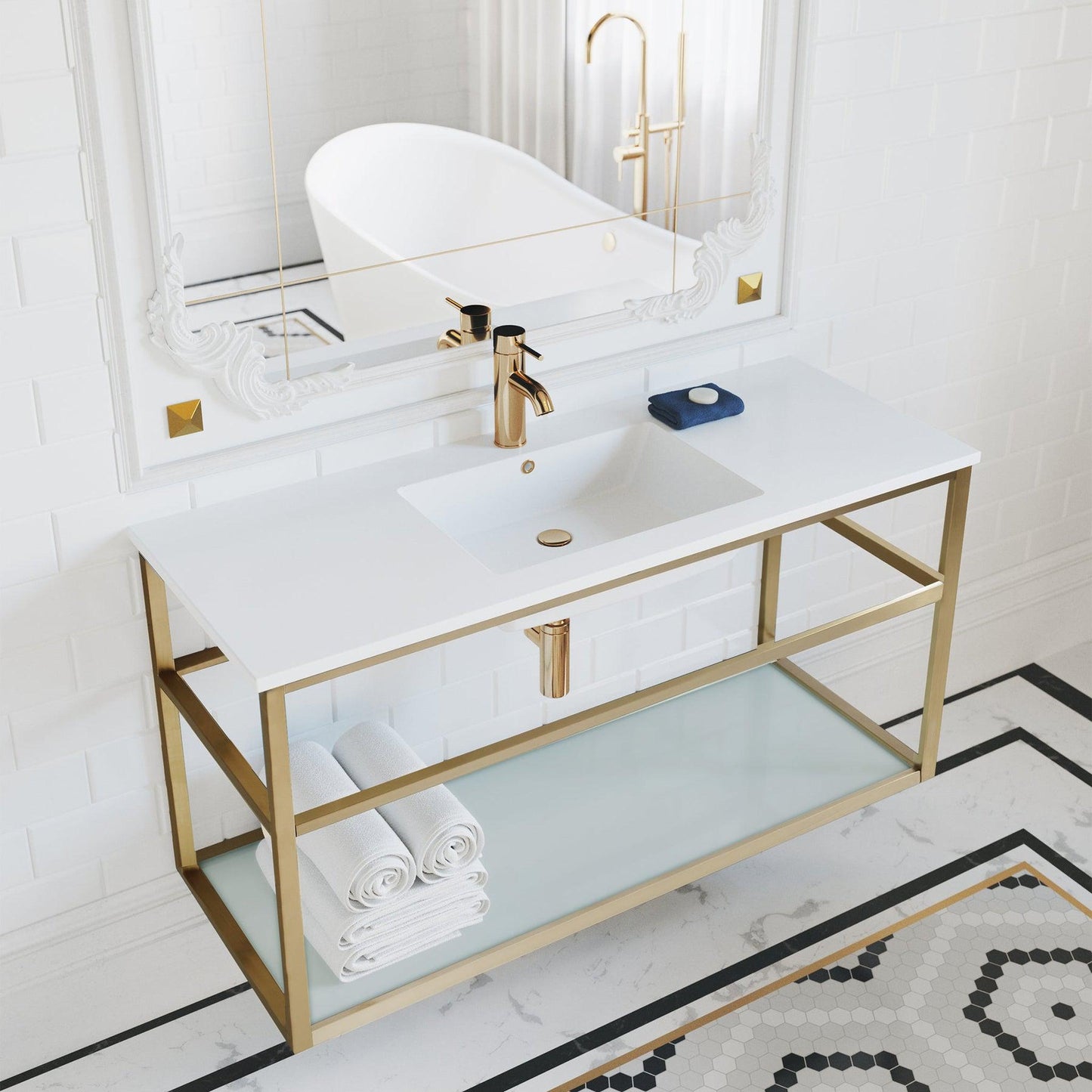 Swiss Madison Pierre 48" x 24" Wall-Mounted White Bathroom Vanity With Ceramic Single Sink and Gold Metal Frame