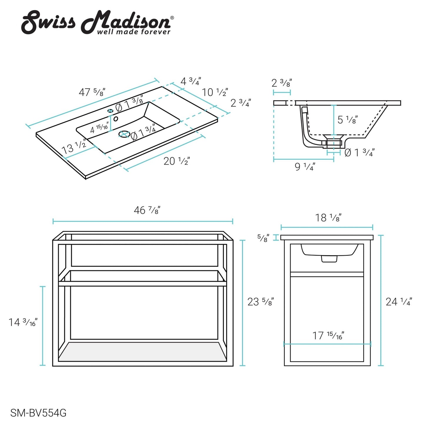 Swiss Madison Pierre 48" x 24" Wall-Mounted White Bathroom Vanity With Ceramic Single Sink and Gold Metal Frame