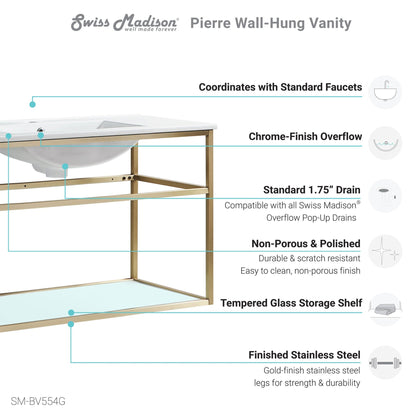 Swiss Madison Pierre 48" x 24" Wall-Mounted White Bathroom Vanity With Ceramic Single Sink and Gold Metal Frame