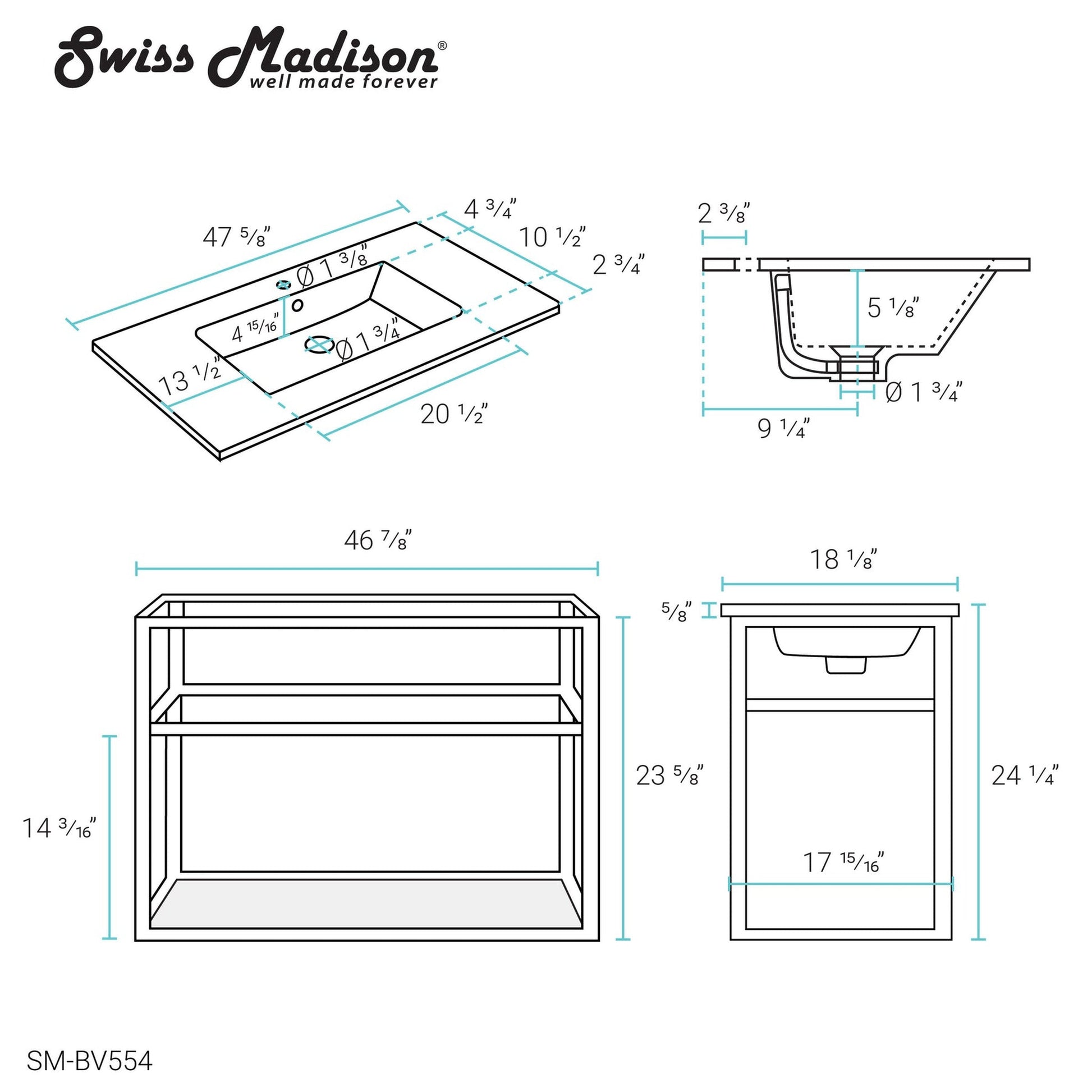 Swiss Madison Pierre 48" x 24" Wall-Mounted White Bathroom Vanity With Ceramic Single Sink and Matte Black Metal Frame