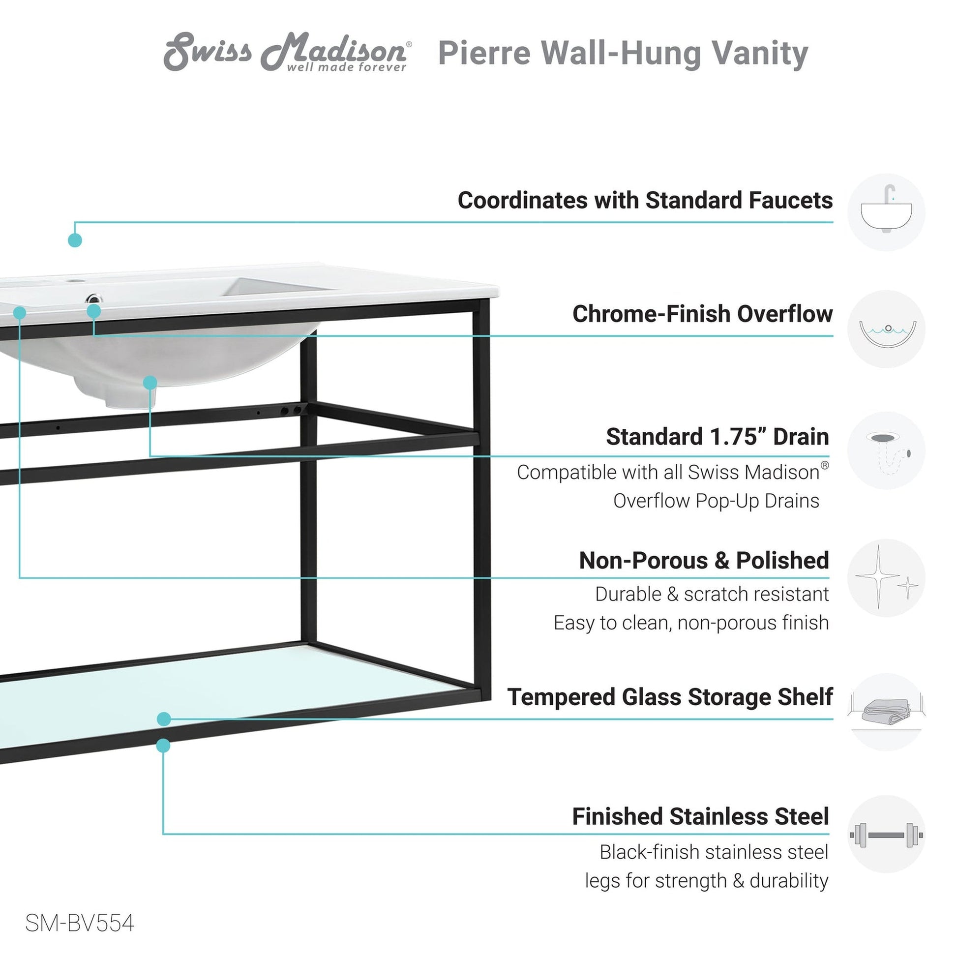 Swiss Madison Pierre 48" x 24" Wall-Mounted White Bathroom Vanity With Ceramic Single Sink and Matte Black Metal Frame