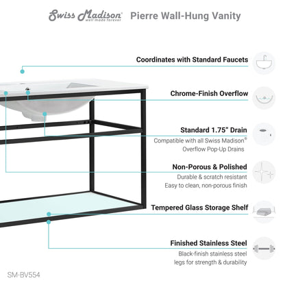 Swiss Madison Pierre 48" x 24" Wall-Mounted White Bathroom Vanity With Ceramic Single Sink and Matte Black Metal Frame