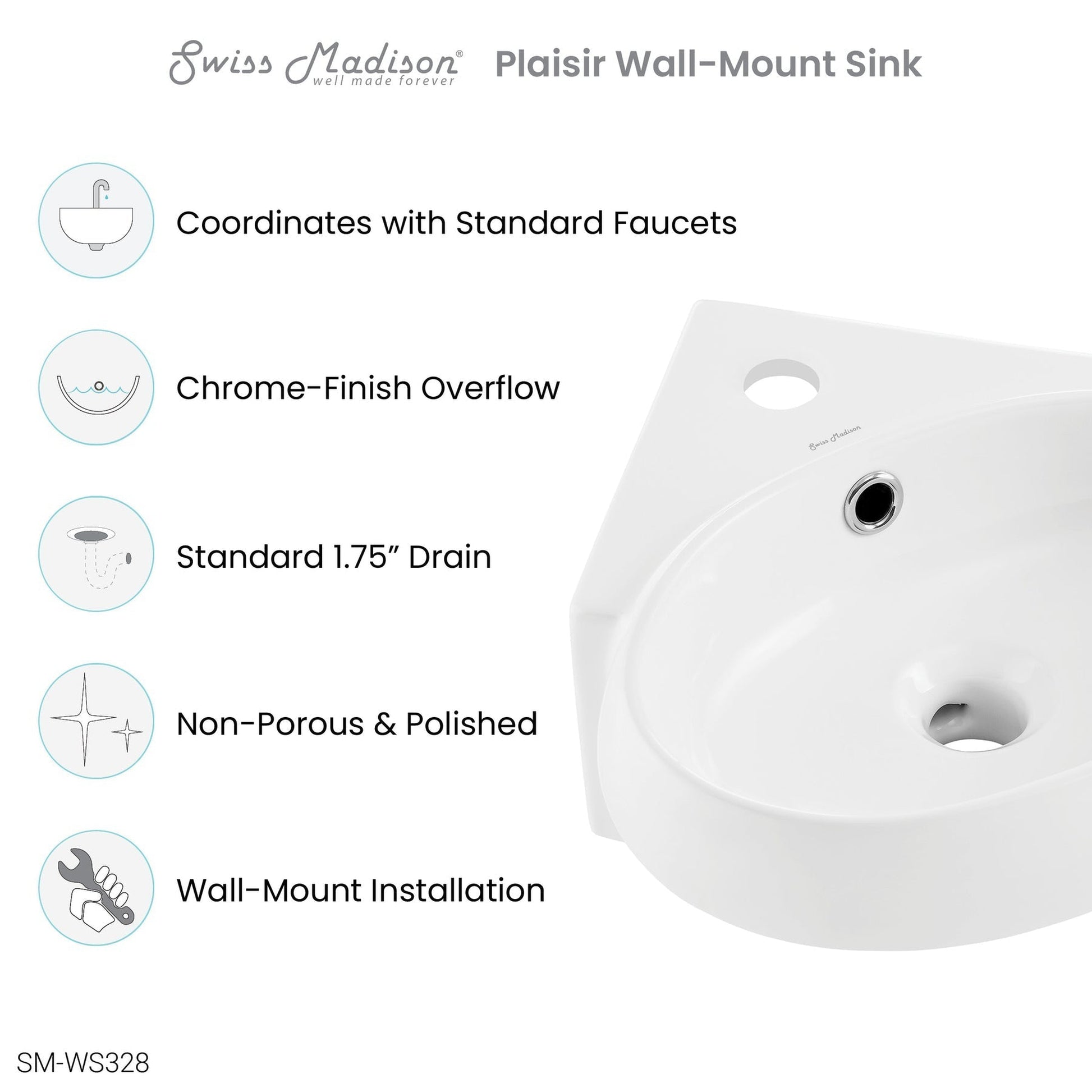 Swiss Madison Plaisir 14" x 15" Corner White Ceramic Wall-Hung Bathroom Sink With Single Hole Faucet