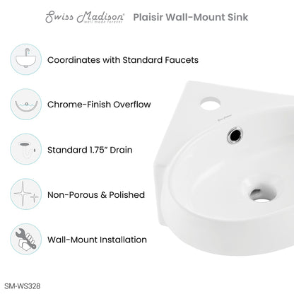 Swiss Madison Plaisir 14" x 15" Corner White Ceramic Wall-Hung Bathroom Sink With Single Hole Faucet