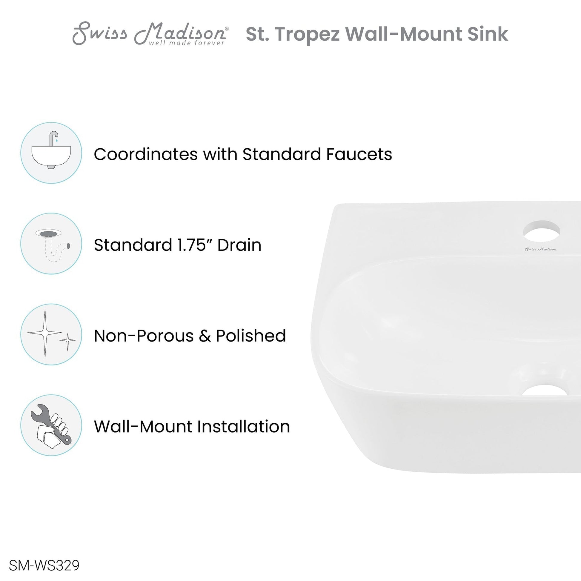 Swiss Madison Plaisir 17" x 12" Rectangular White Ceramic Wall-Hung Bathroom Sink With Single Hole Faucet
