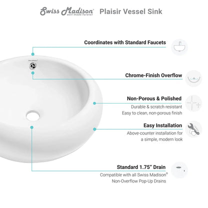 Swiss Madison Plaisir 20" x 20" White Round Ceramic Bathroom Vessel Sink