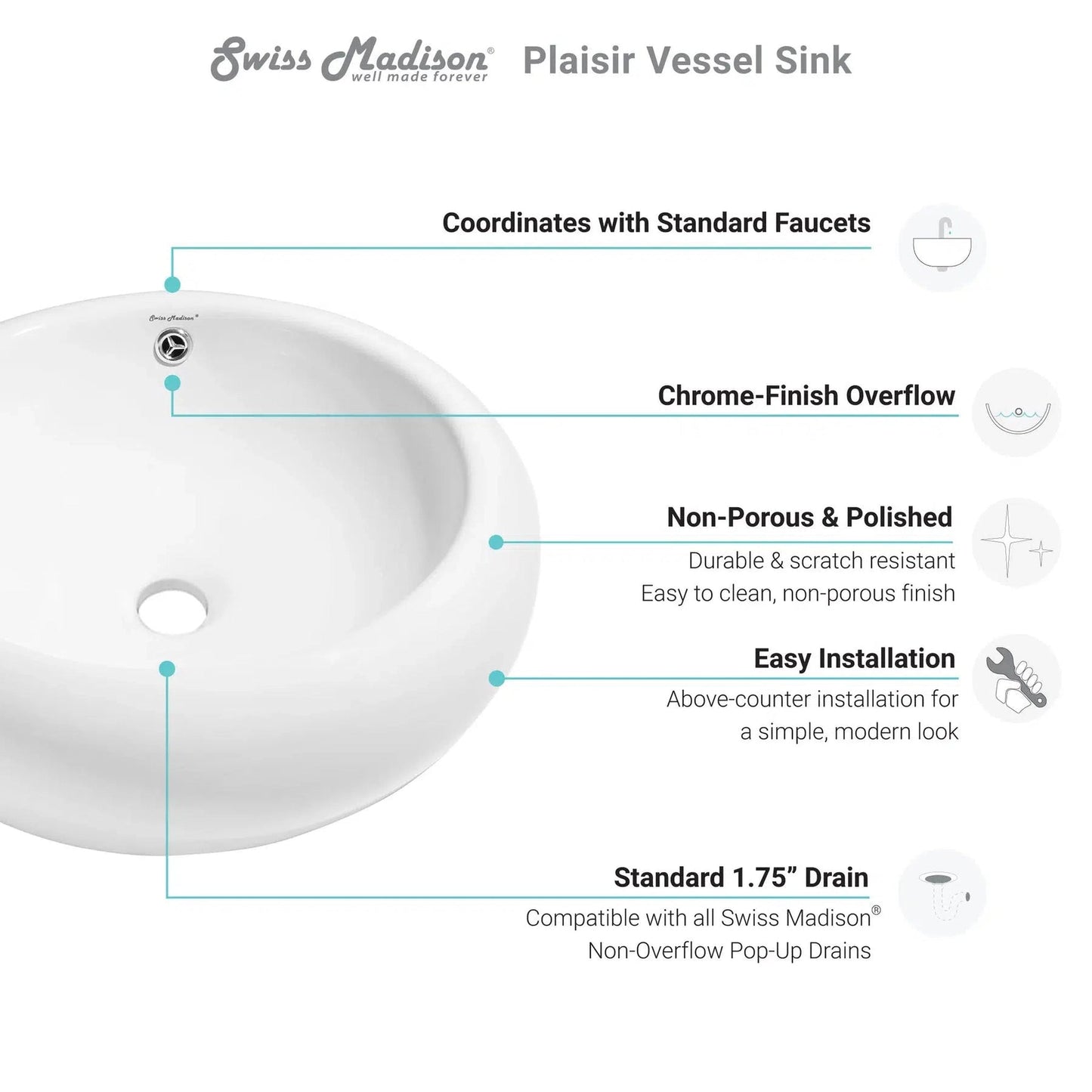 Swiss Madison Plaisir 20" x 20" White Round Ceramic Vessel Bathroom Sink