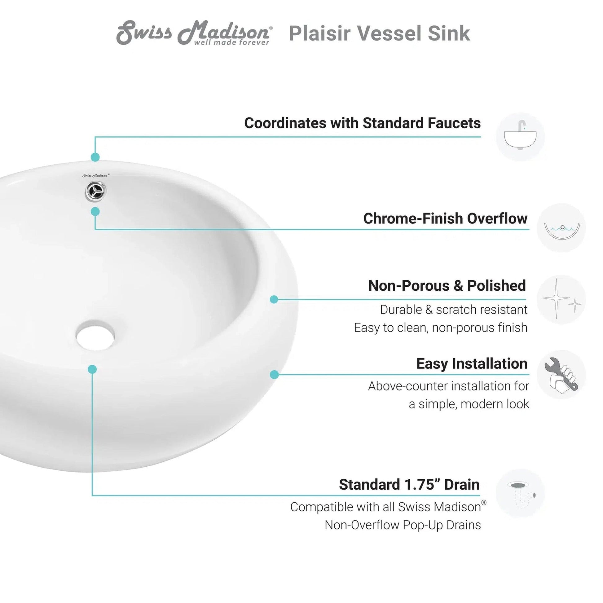 Swiss Madison Plaisir 20" x 20" White Round Ceramic Vessel Bathroom Sink