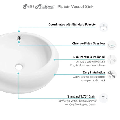 Swiss Madison Plaisir 20" x 20" White Round Ceramic Vessel Bathroom Sink