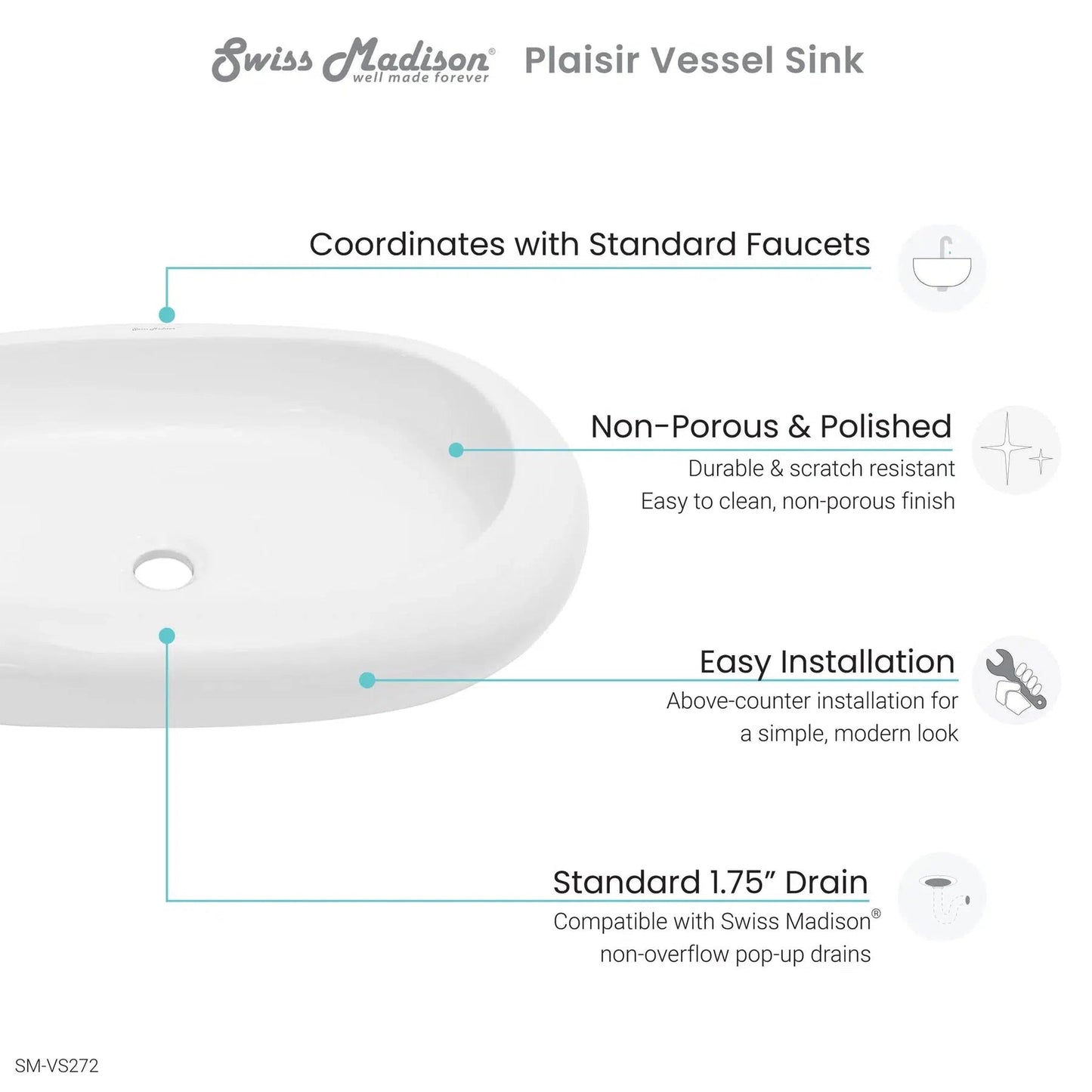 Swiss Madison Plaisir 25" x 16" White Oval Ceramic Vessel Bathroom Sink