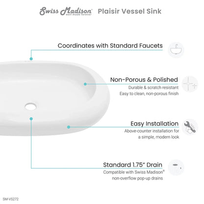 Swiss Madison Plaisir 25" x 16" White Oval Ceramic Vessel Bathroom Sink
