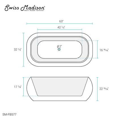 Swiss Madison Plaisir 63" x 32" White Center Drain Freestanding Bathtub With Chrome Toe-Tap Drain and Overflow