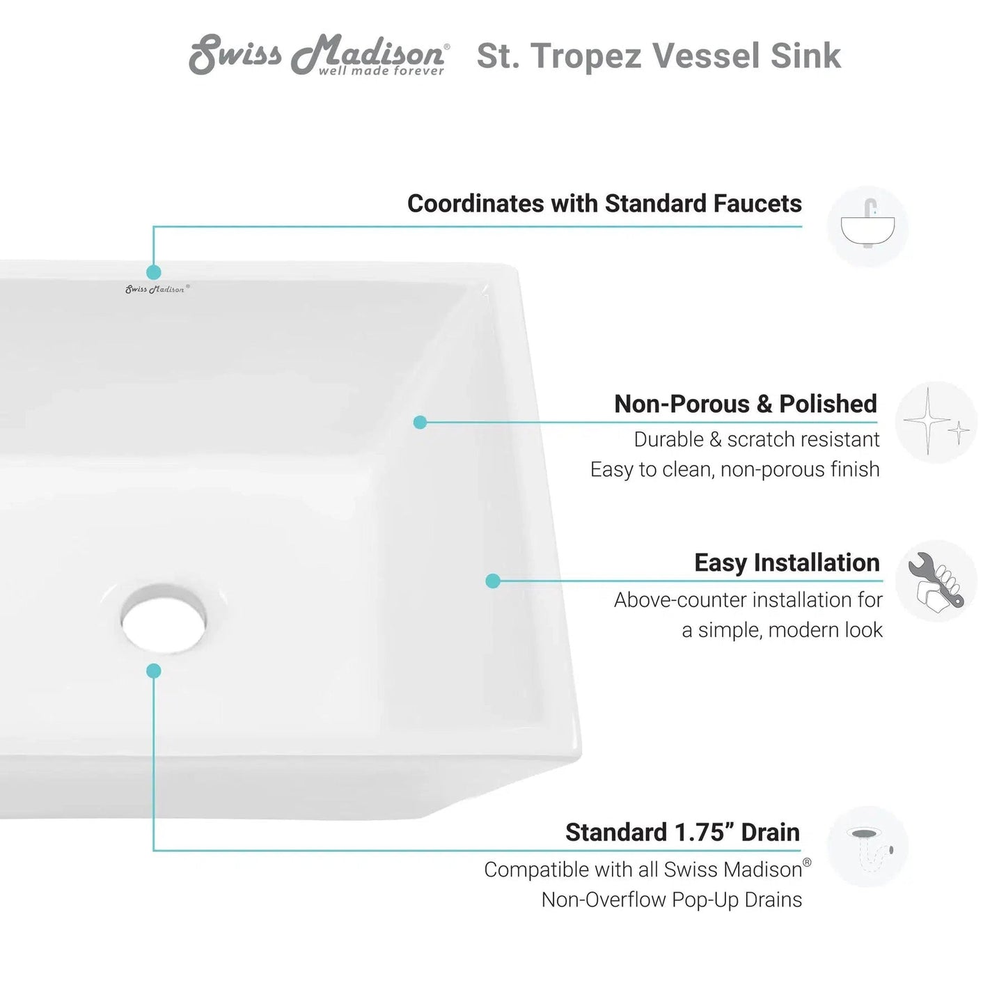 Swiss Madison St Tropez 16" x 16" White Square Ceramic Vessel Bathroom Sink