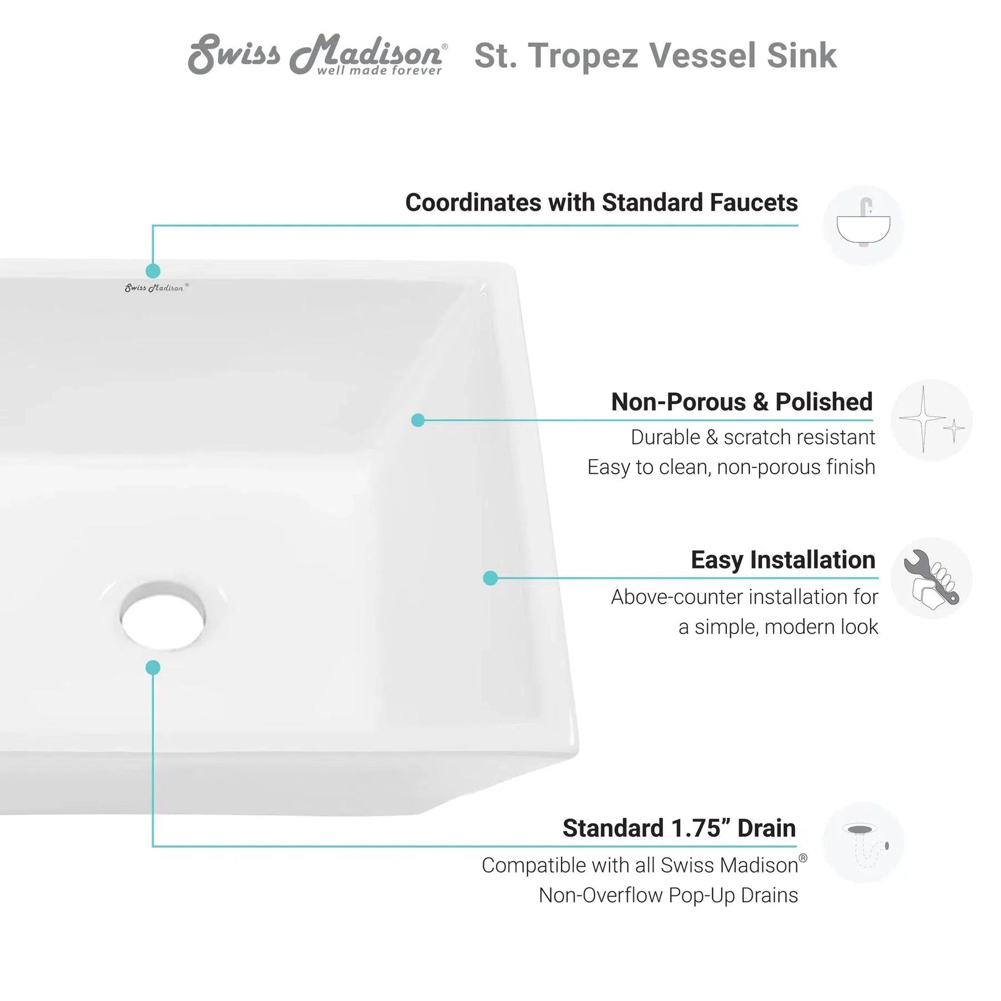Swiss Madison St Tropez 16" x 16" White Square Ceramic Vessel Bathroom Sink