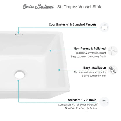 Swiss Madison St Tropez 16" x 16" White Square Ceramic Vessel Bathroom Sink