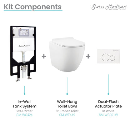 Swiss Madison St. Tropez 14" x 14" Glossy White Elongated Wall-Hung Toilet Bundle With In-Wall Carrier Tank and 0.8/1.6 GPF Dual-Flush Large Wall Actuator Plate