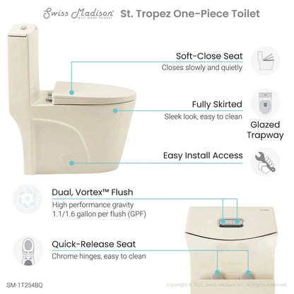 Swiss Madison St. Tropez 15" x 31" Bisque One-Piece Elongated Floor Mounted Toilet With 1.1/1.6 GPF Vortex Dual-Flush Function