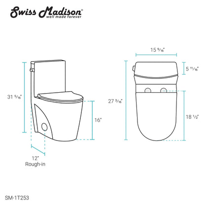 Swiss Madison St. Tropez 15" x 31" Glossy White One-Piece Elongated Floor Mounted Toilet Vortex Side Flush 1.28 GPF