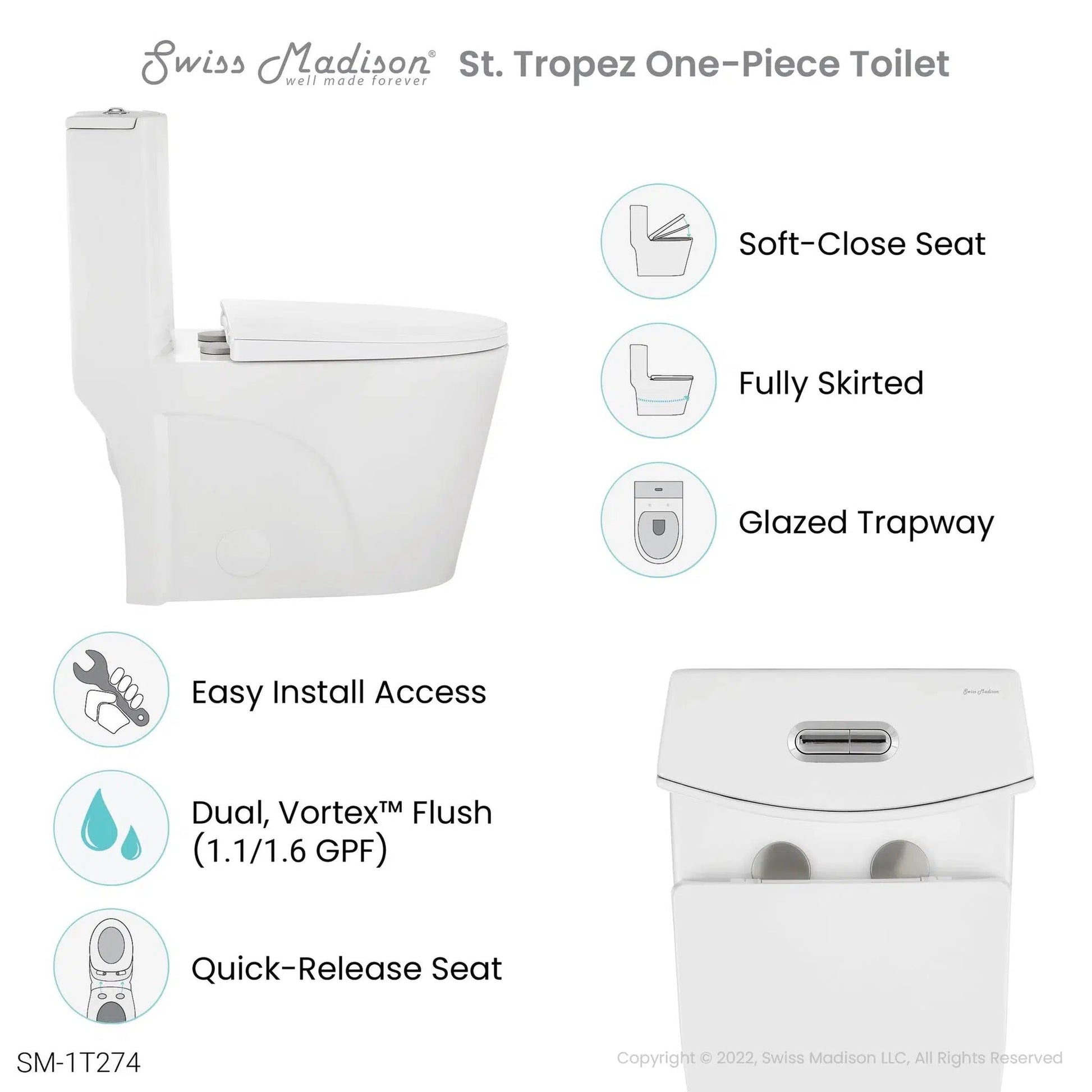 Swiss Madison St. Tropez 15" x 31" Glossy White One-Piece Elongated Floor Mounted Toilet With 10" Rough-In Valve and 1.1/1.6 GPF Vortex Dual-Flush Function