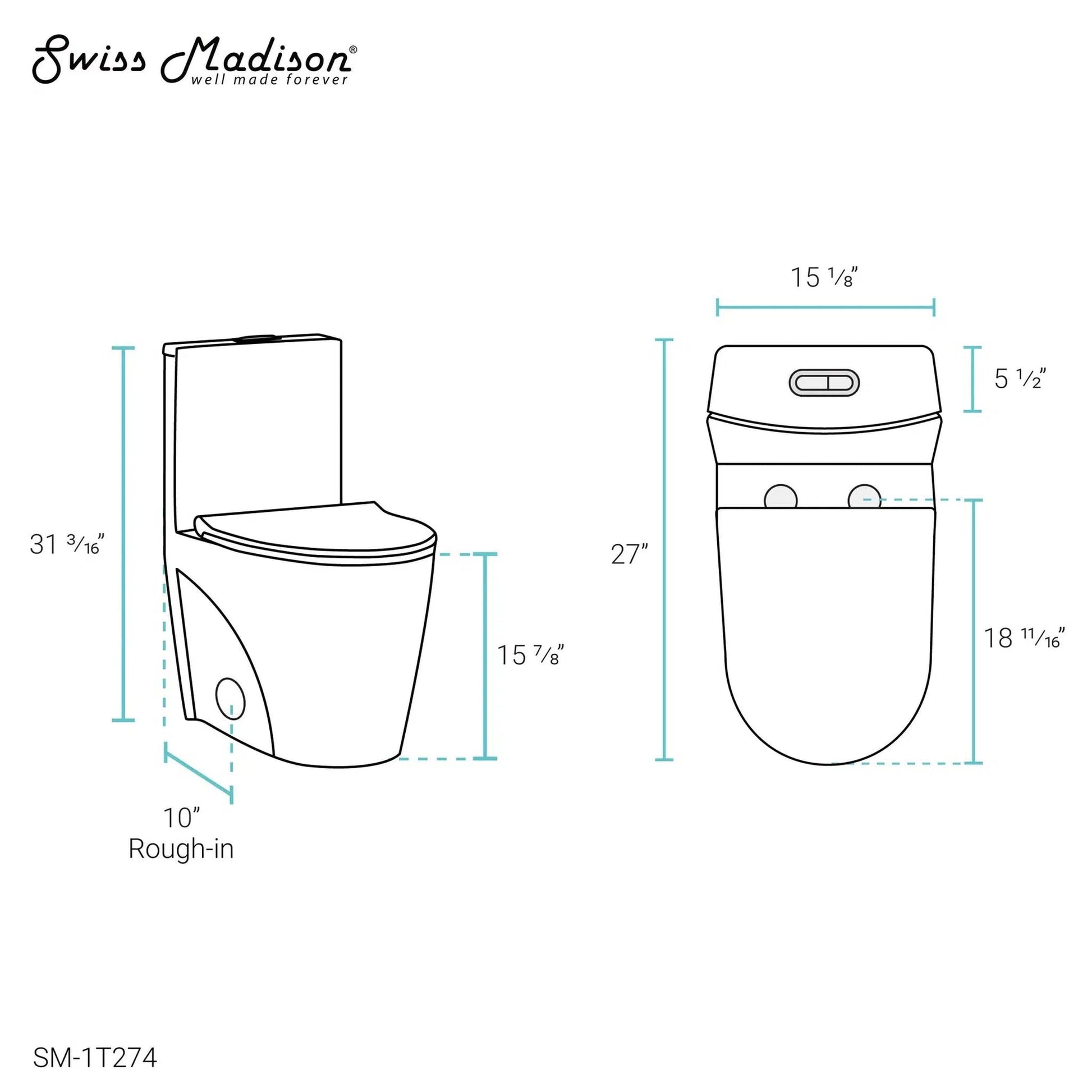 Swiss Madison St. Tropez 15" x 31" Glossy White One-Piece Elongated Floor Mounted Toilet With 10" Rough-In Valve and 1.1/1.6 GPF Vortex Dual-Flush Function