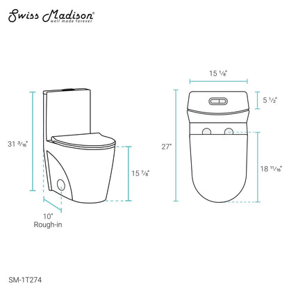 Swiss Madison St. Tropez 15" x 31" Glossy White One-Piece Elongated Floor Mounted Toilet With 10" Rough-In Valve and 1.1/1.6 GPF Vortex Dual-Flush Function