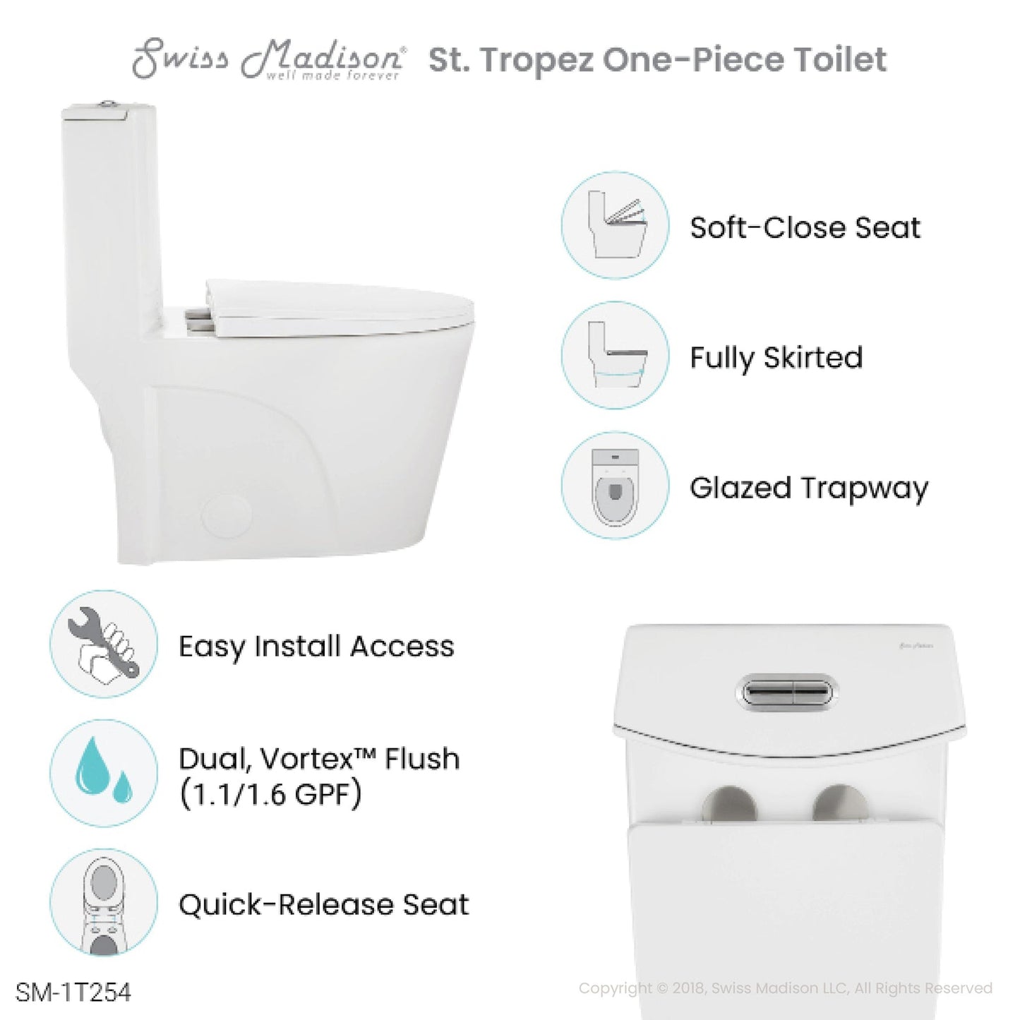 Swiss Madison St. Tropez 15" x 31" Glossy White One-Piece Elongated Floor Mounted Toilet With 12" Rough-In Valve and 1.1/1.6 GPF Vortex Dual-Flush Function