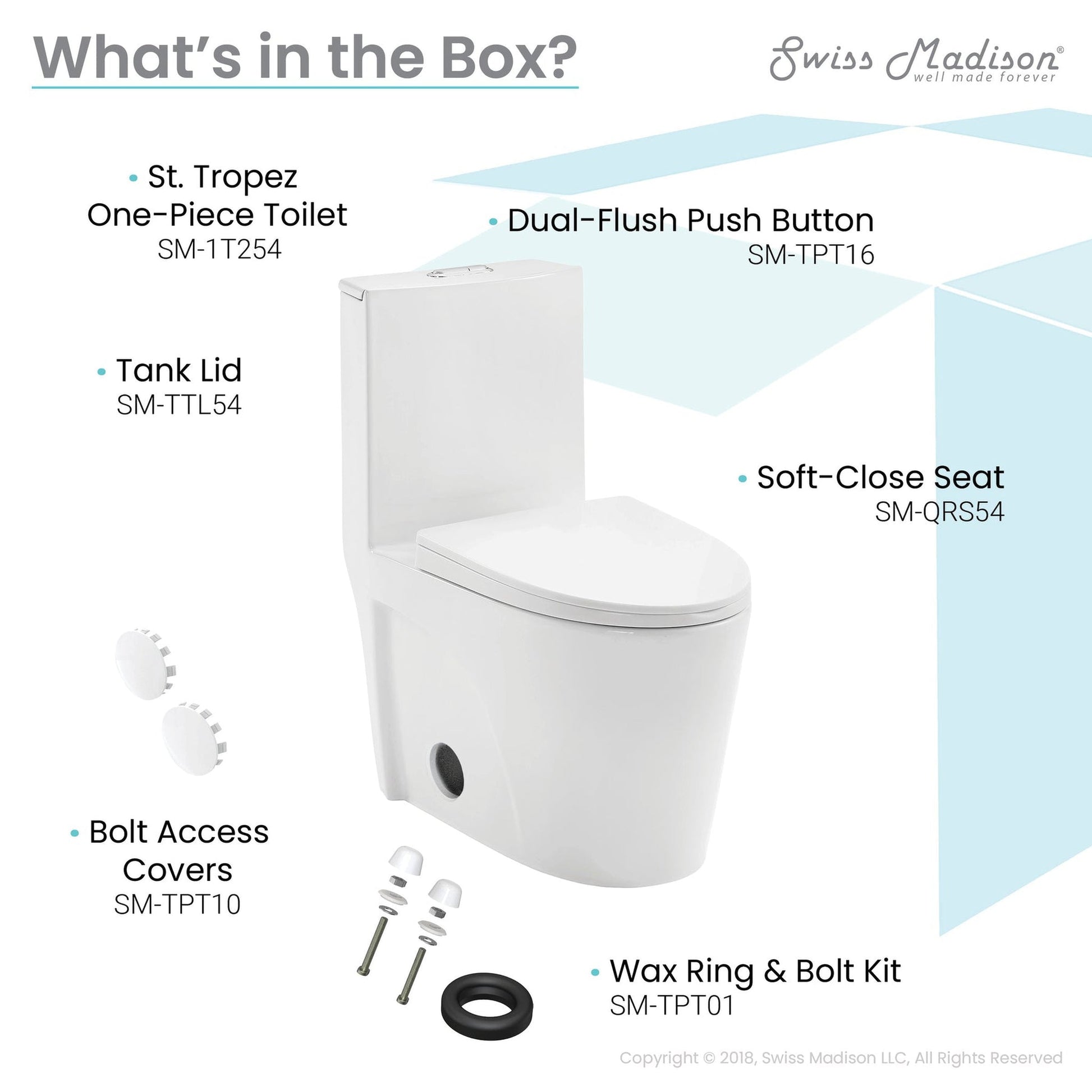 Swiss Madison St. Tropez 15" x 31" Glossy White One-Piece Elongated Floor Mounted Toilet With 12" Rough-In Valve and 1.1/1.6 GPF Vortex Dual-Flush Function