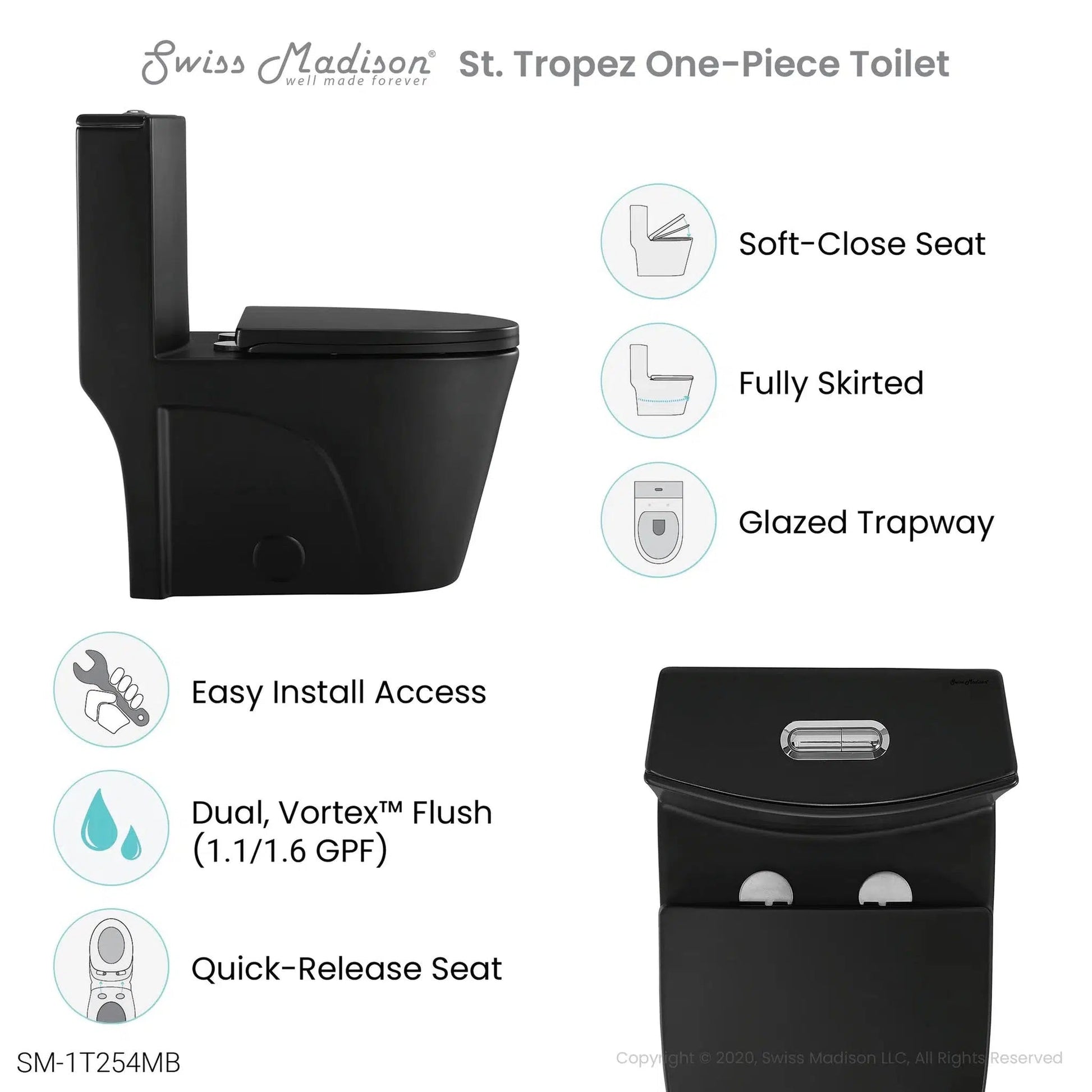 Swiss Madison St. Tropez 15" x 31" Matte Black One-Piece Elongated Floor Mounted Toilet With 1.1/1.6 GPF Vortex Dual-Flush Function