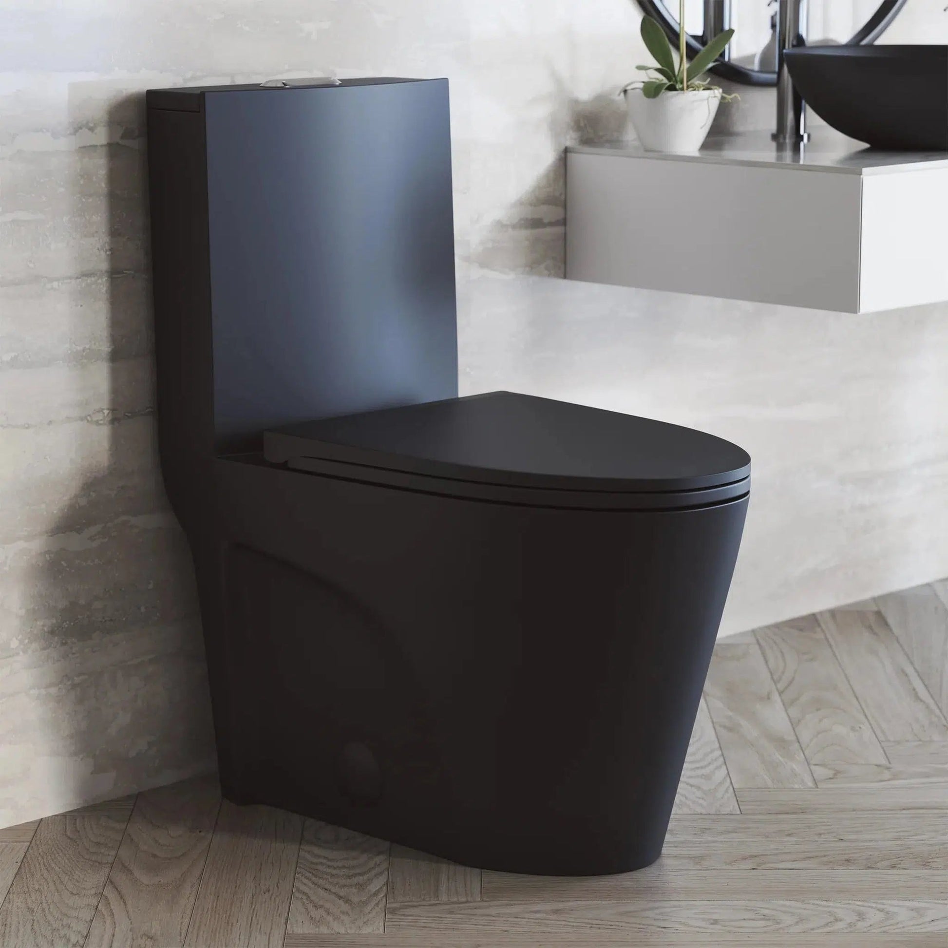 Swiss Madison St. Tropez 15" x 31" Matte Black One-Piece Elongated Floor Mounted Toilet With 1.1/1.6 GPF Vortex Dual-Flush Function